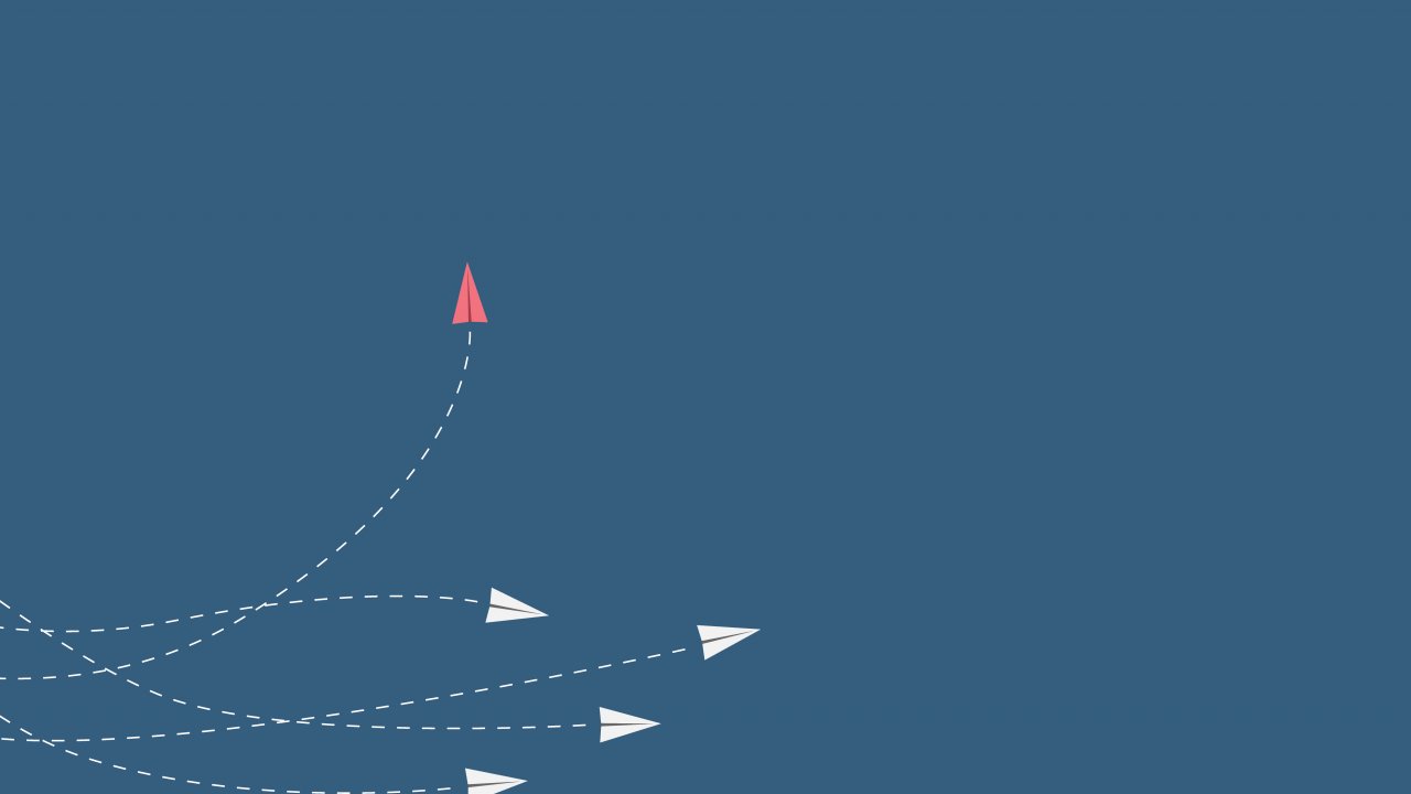 Minimalist stile red airplane changing direction and white ones. New idea, change, trend, courage, creative solution, innovation and unique way concept.