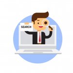 Businessman holding search sign and looking through a magnifying glass in laptop