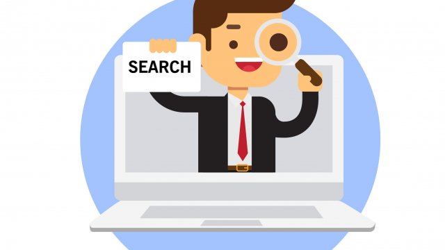 Businessman holding search sign and looking through a magnifying glass in laptop