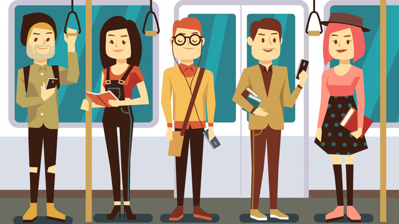 Man and woman with smartphone, gadgets and book in public transport vector illustration. Reading and use smartphone passenger