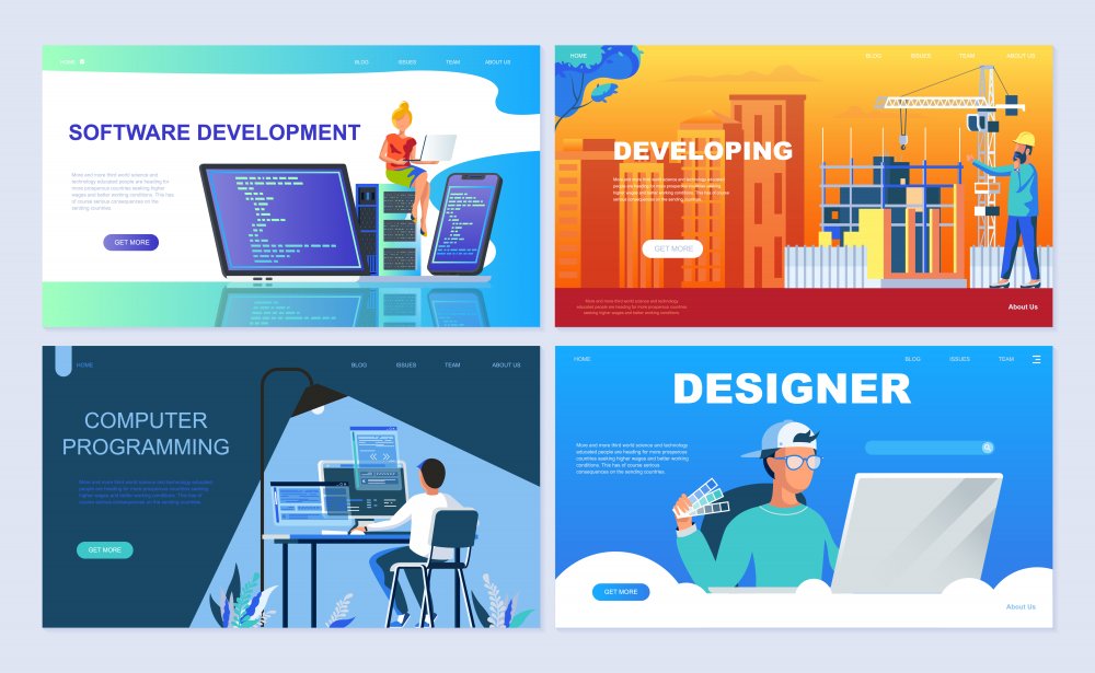 Set of landing page template for Software, Developing, Designer, Programming. Modern vector illustration flat concepts decorated people character for website and mobile website development.