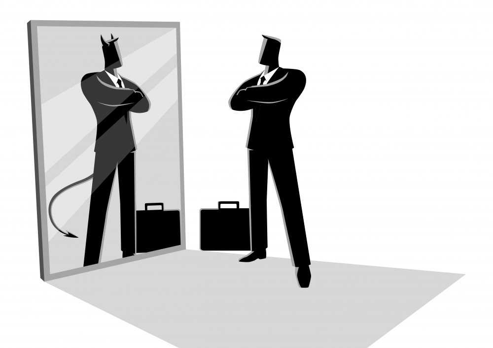 Business concept vector illustration of a businessman standing in front of a mirror, reflecting a devil. Double personality concept