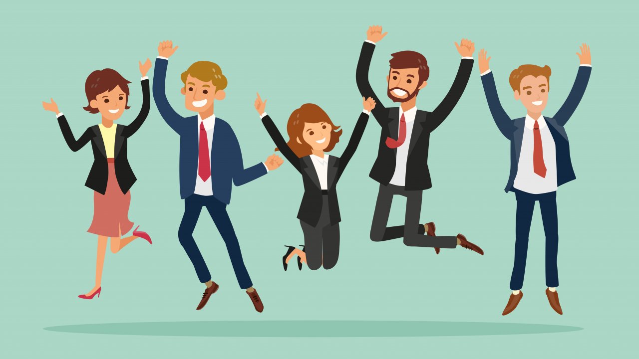 business people jumping celebrating success vector cartoon illustration