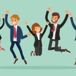 business people jumping celebrating success vector cartoon illustration