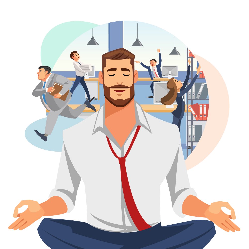 Businessman Meditating in Office Cartoon Vector