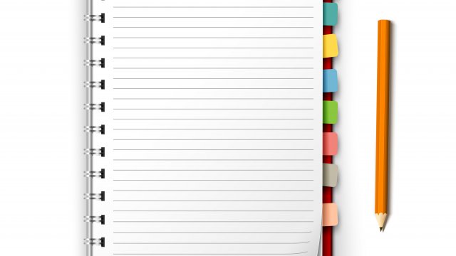 Realistic white lined notepad with bookmark reminders and pencil isolated on white background vector illustration