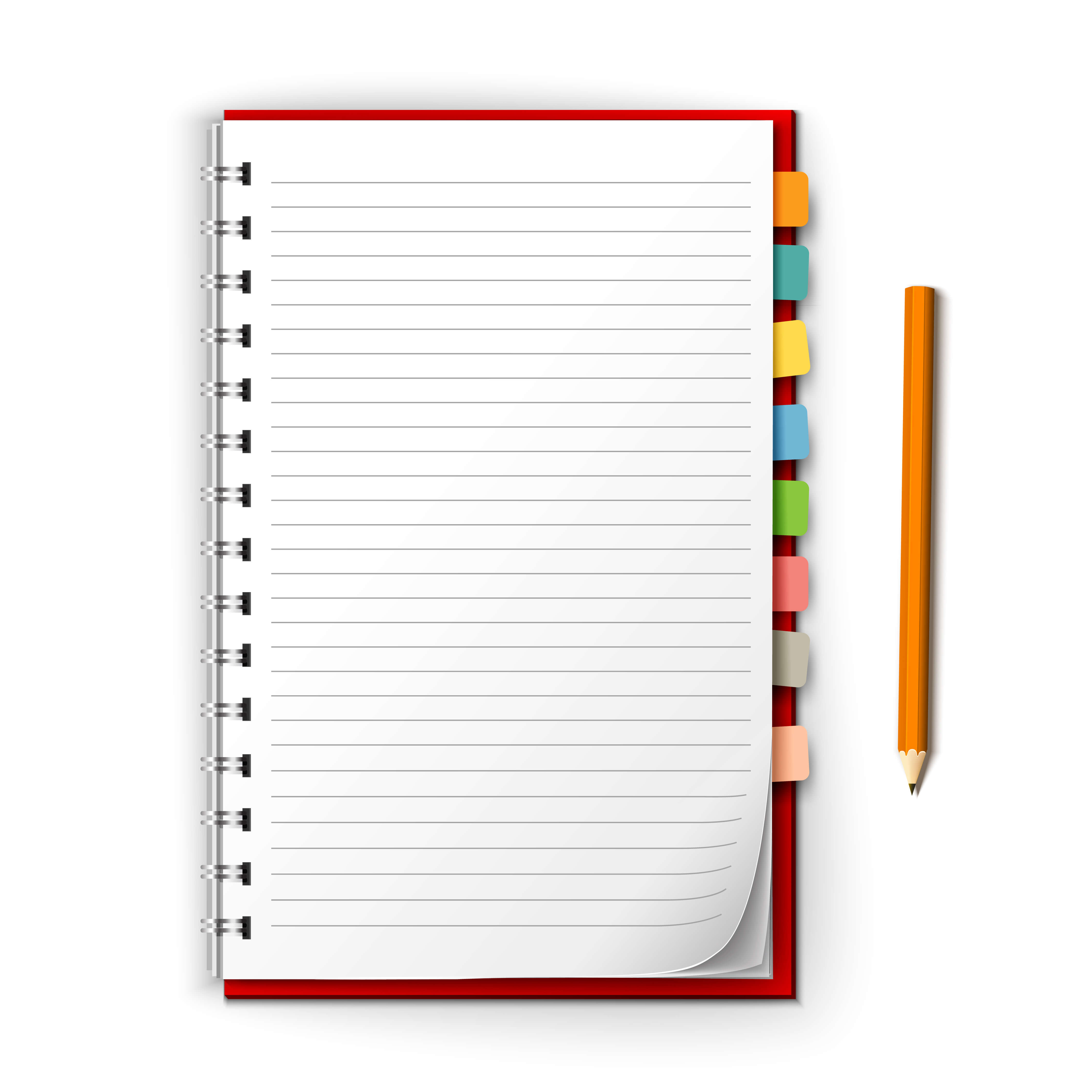 Realistic white lined notepad with bookmark reminders and pencil isolated on white background vector illustration